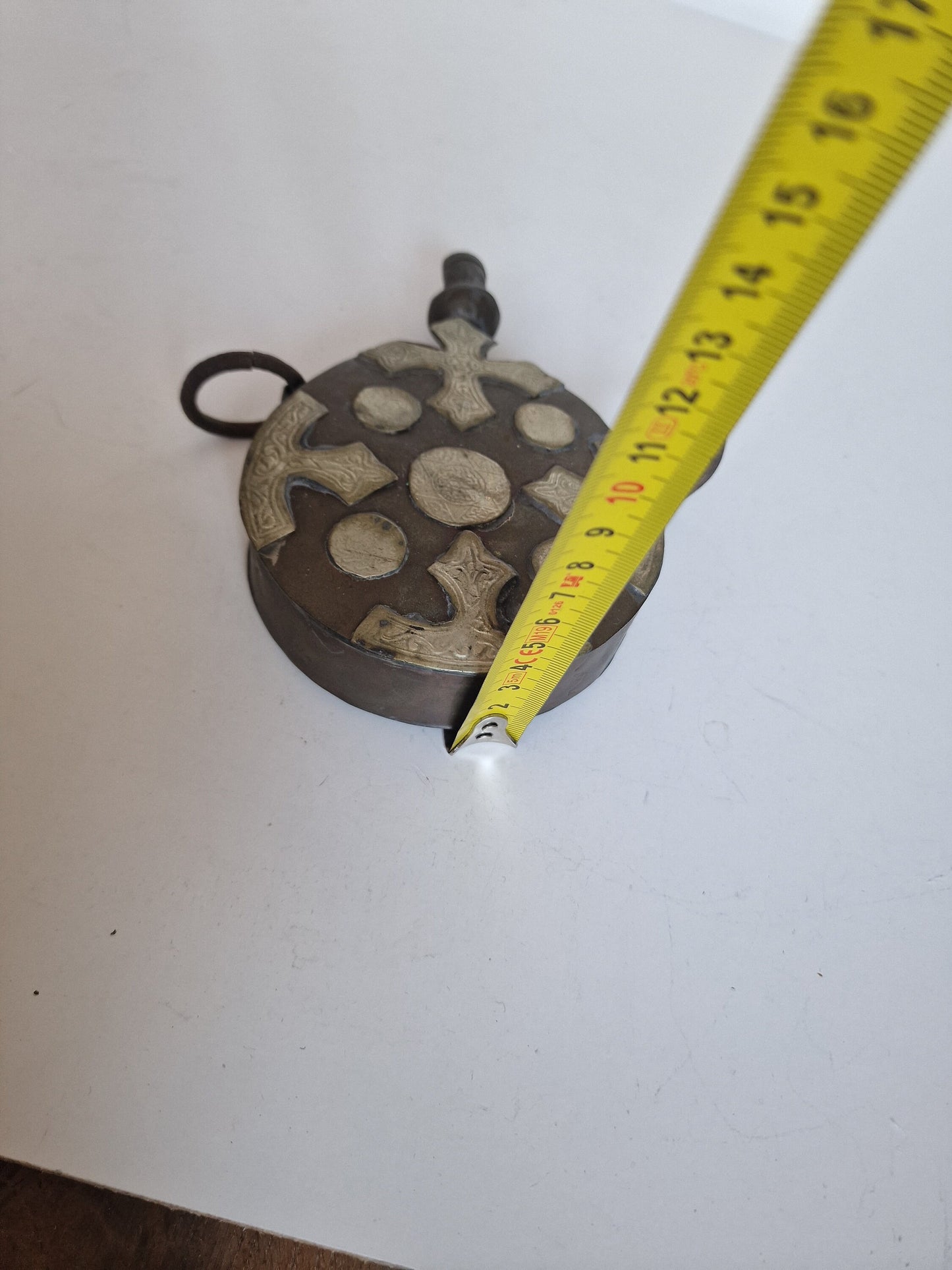 Antique engraved Silver Tone and Bronze Gunpowder Flask- 20th century, islamic