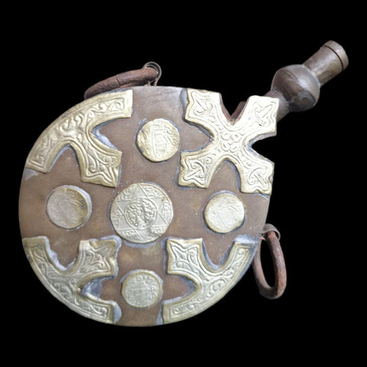Antique engraved Silver Tone and Bronze Gunpowder Flask- 20th century, islamic
