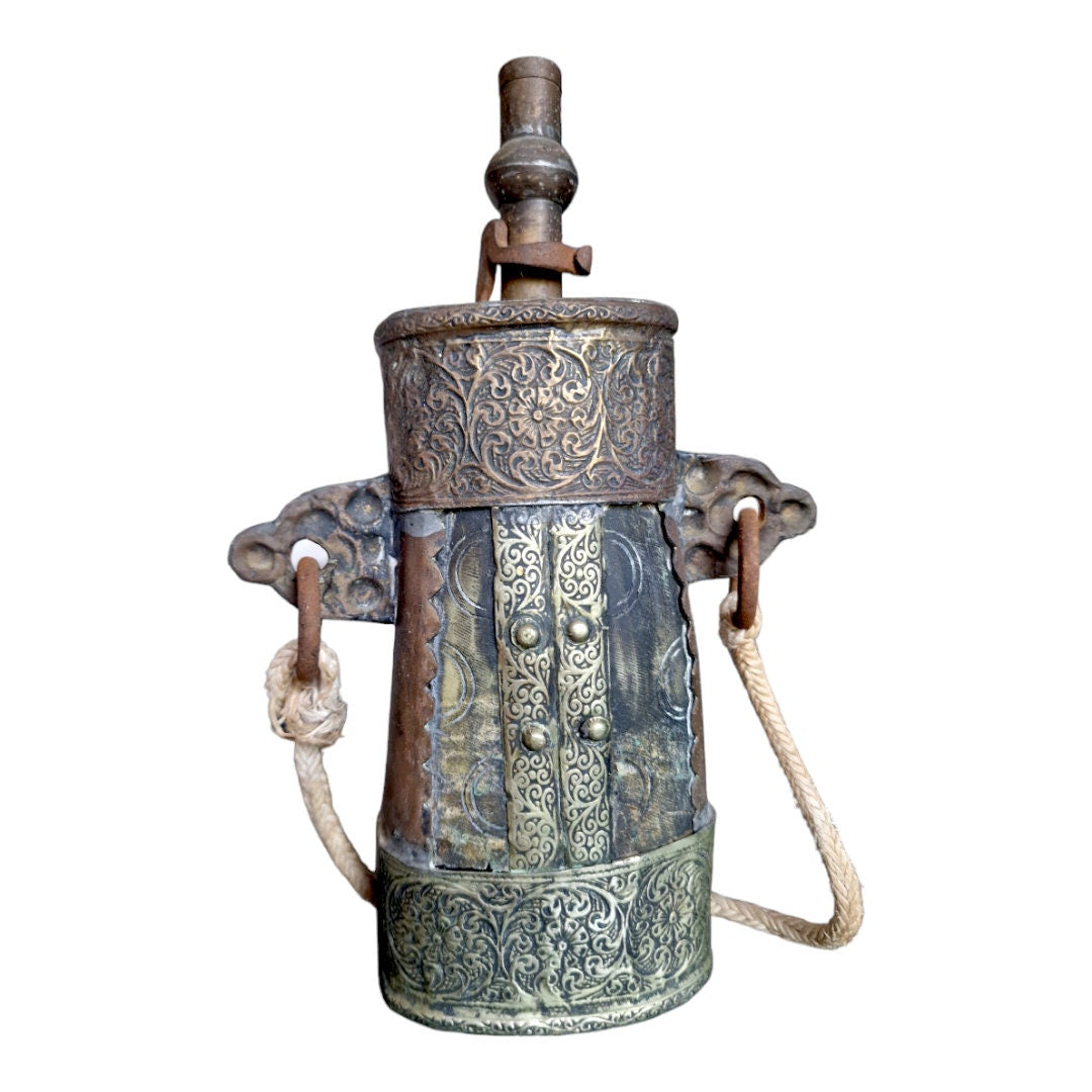 Antique Engraved Brass Gunpowder Flask – 19th Century Islamic Decor