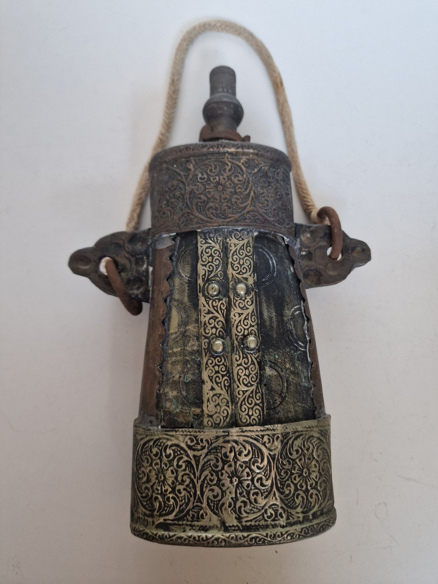 Antique Engraved Brass Gunpowder Flask – 19th Century Islamic Decor