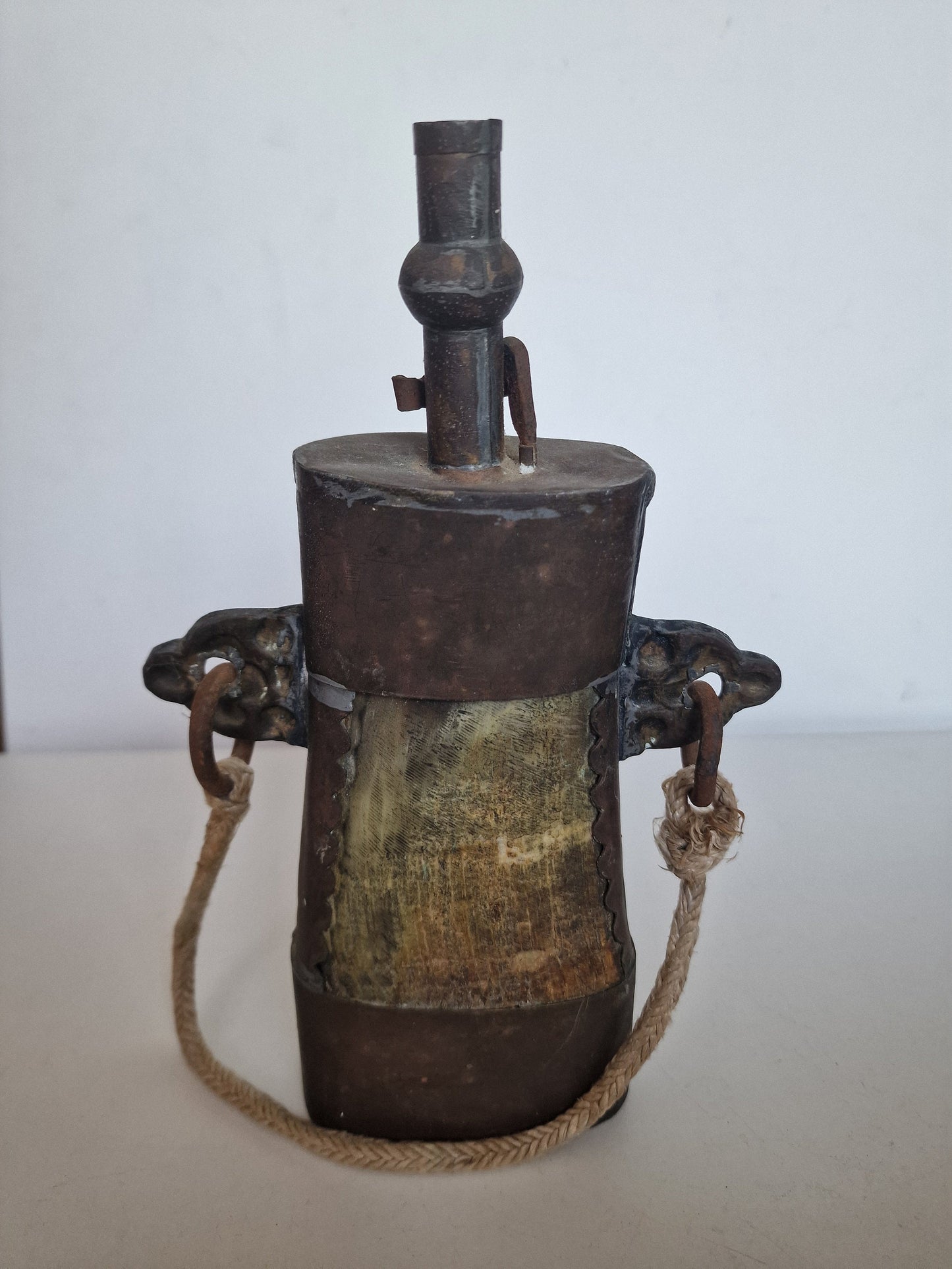 Antique Engraved Brass Gunpowder Flask – 19th Century Islamic Decor