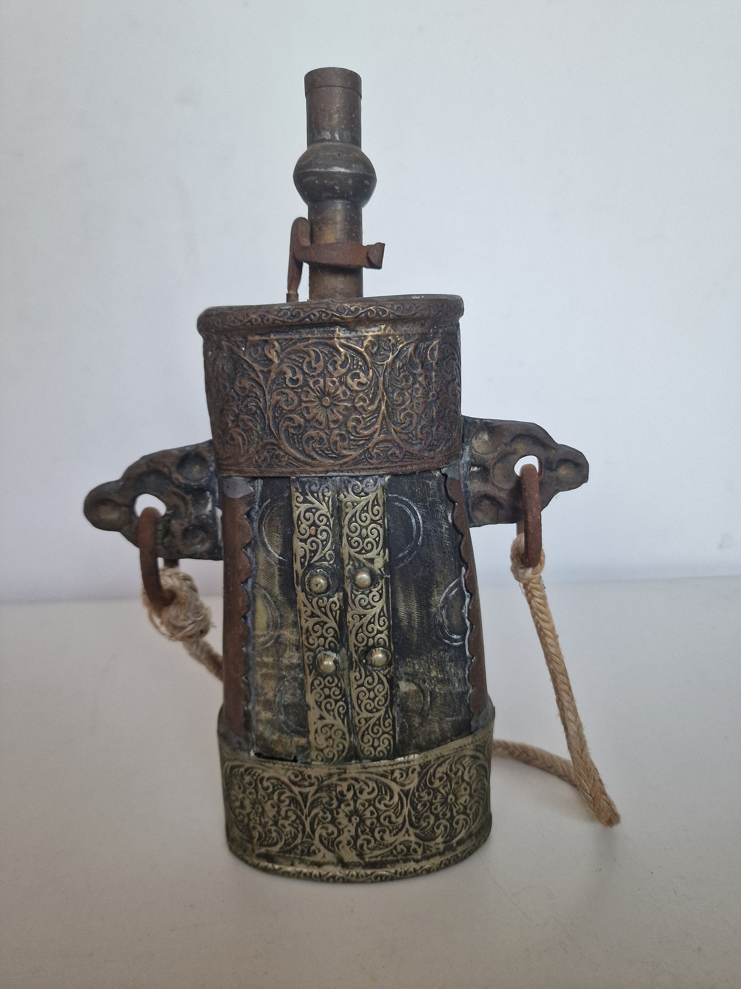 Antique Engraved Brass Gunpowder Flask – 19th Century Islamic Decor