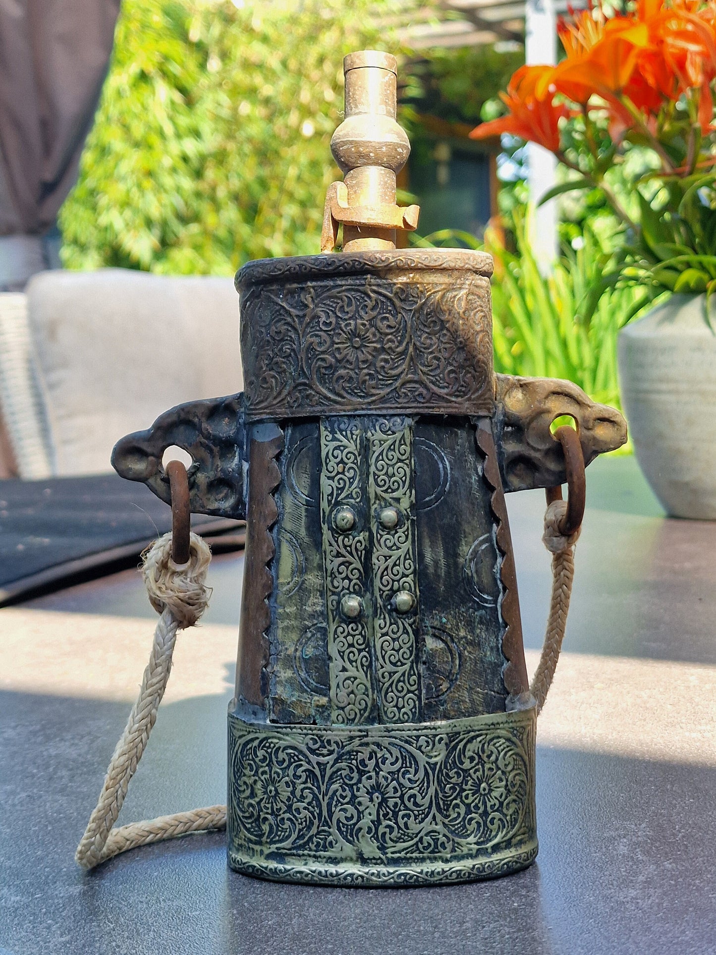 Antique Engraved Brass Gunpowder Flask – 19th Century Islamic Decor