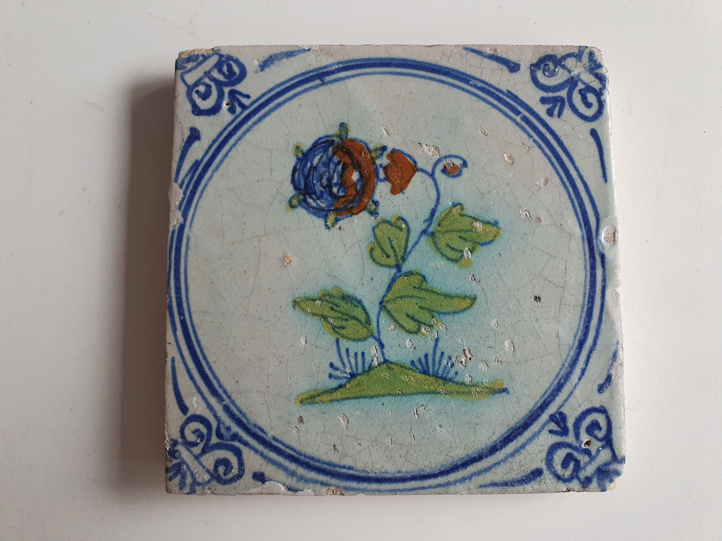 4 Antique Dutch Tiles - polychrome flower - Dated around 1625, delft holland golden century