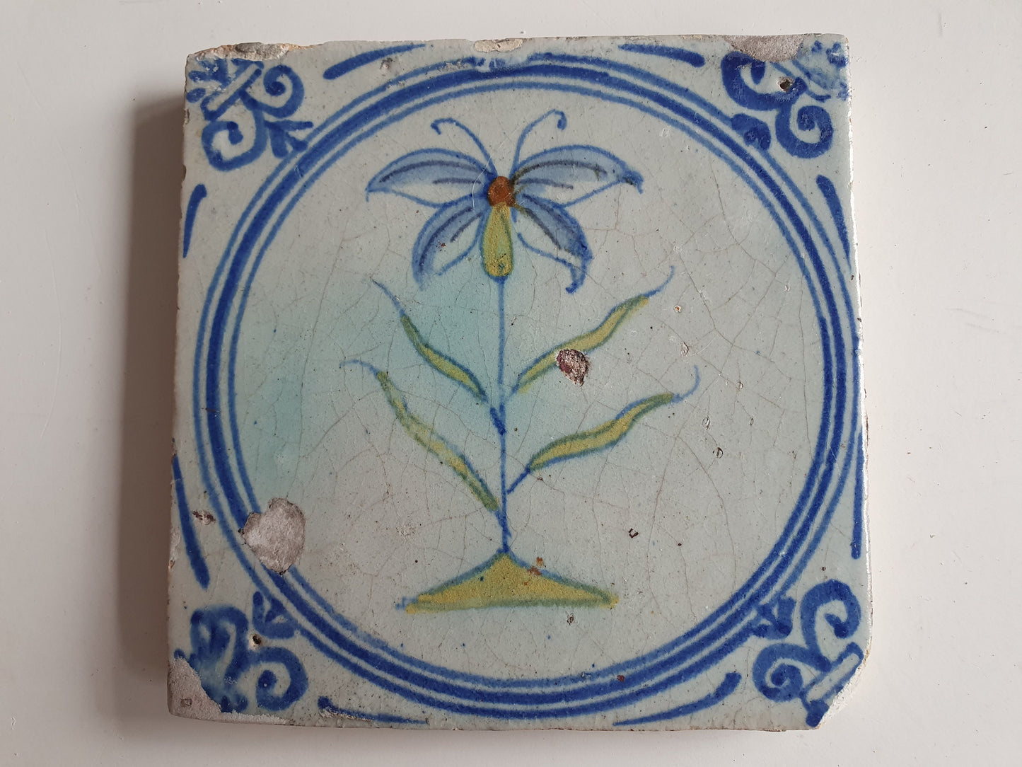 4 Antique Dutch Tiles - polychrome flower - Dated around 1625, delft holland golden century