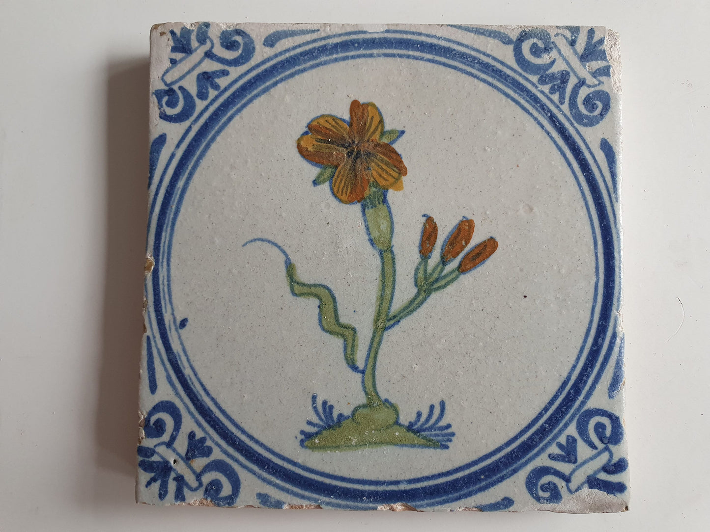 4 Antique Dutch Tiles - polychrome flower - Dated around 1625, delft holland golden century