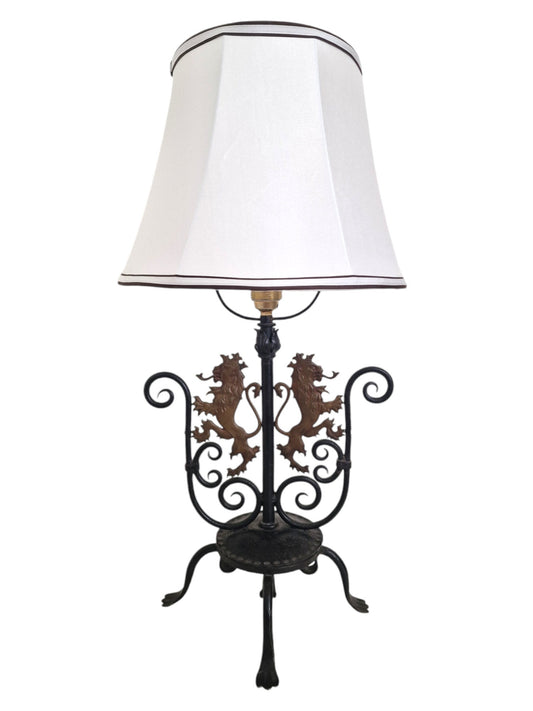 Antique Brussels Coat of Arms Table Lamp, Belgian Lion, Estate Herenhuis, ca 1900