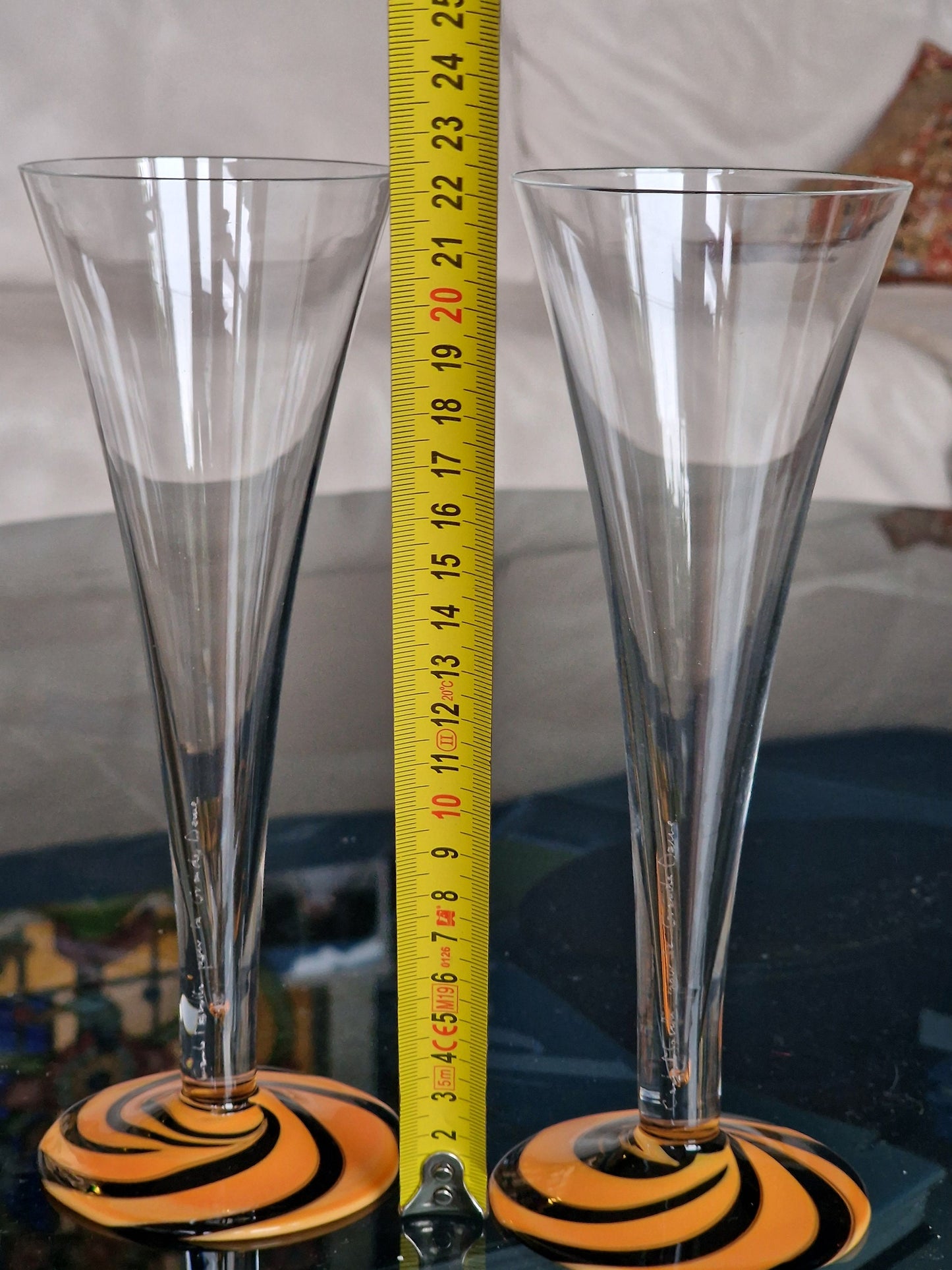 Carlo Moretti Murano Glass Champagne Flutes, Hand Engraved, Rare, Boxed