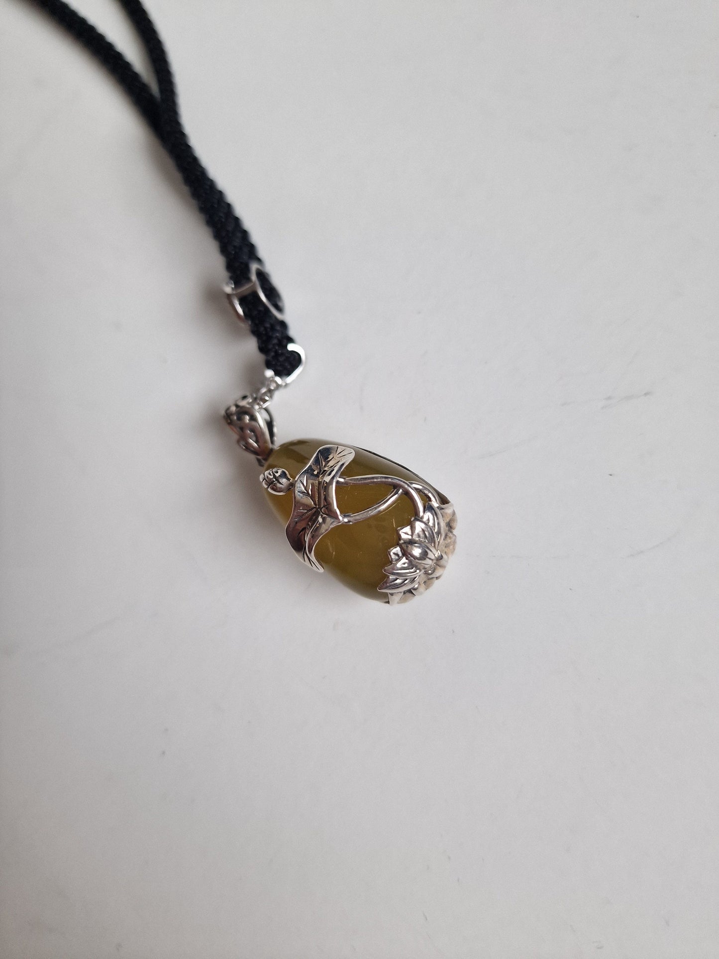 Yellow Jade Koi Waterlily Pendant Necklace, Vintage Adjustable Rope
