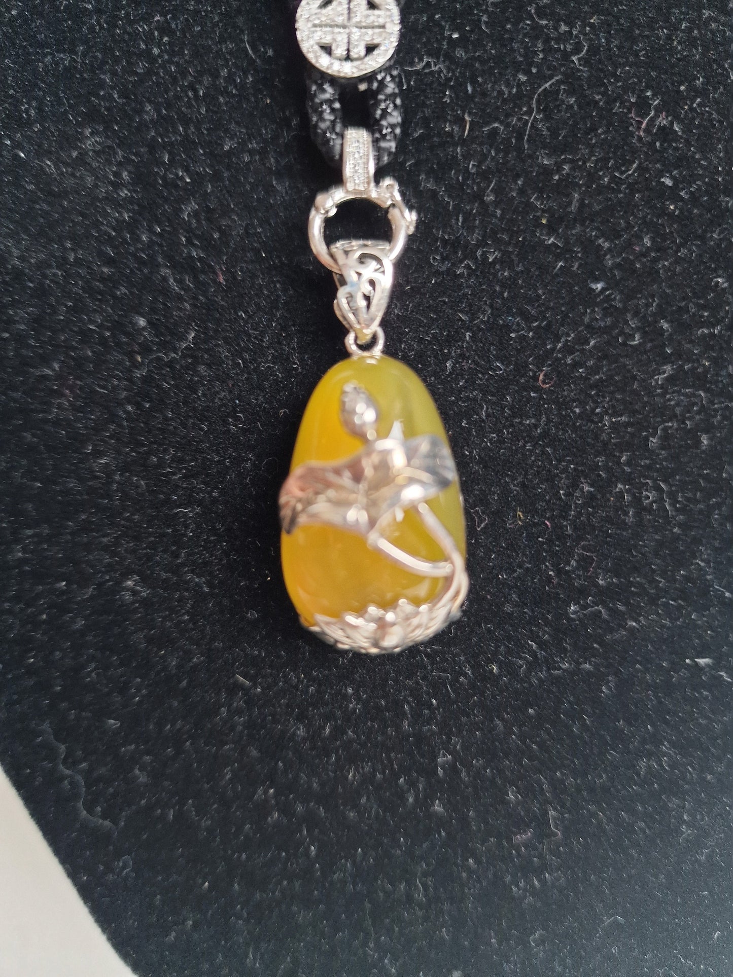 Yellow Jade Koi Waterlily Pendant Necklace, Vintage Adjustable Rope