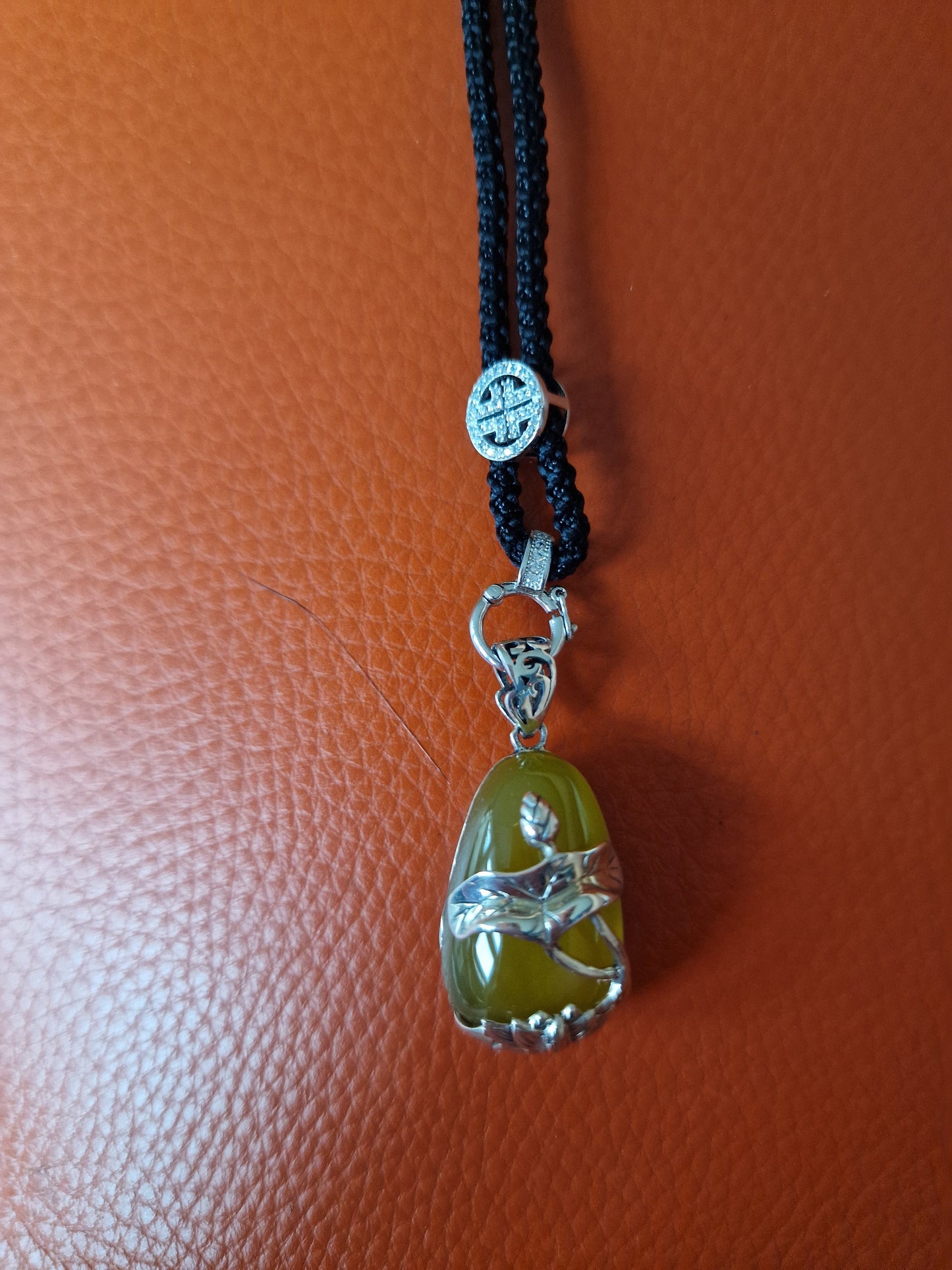 Yellow Jade Koi Waterlily Pendant Necklace, Vintage Adjustable Rope