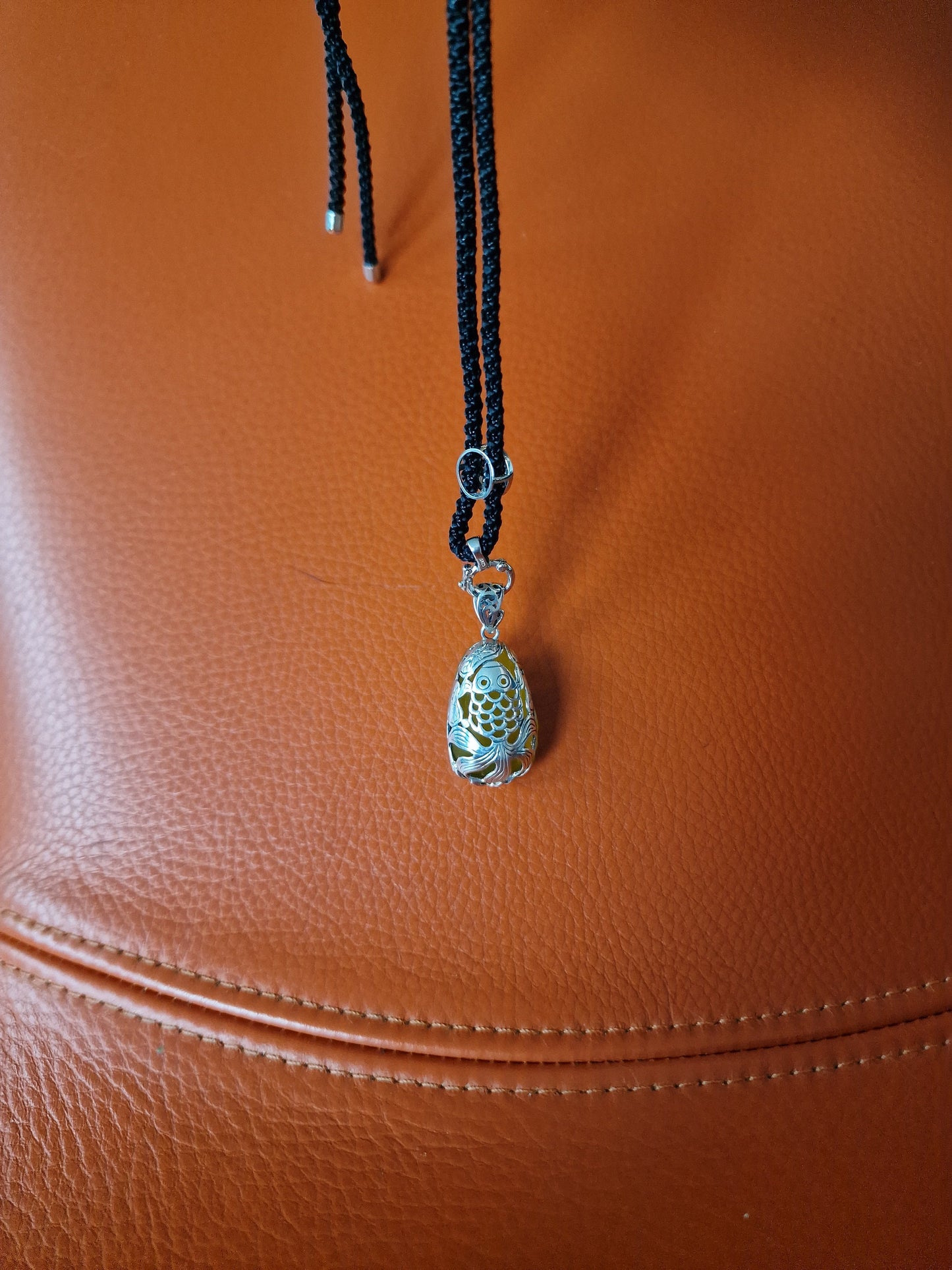 Yellow Jade Koi Waterlily Pendant Necklace, Vintage Adjustable Rope