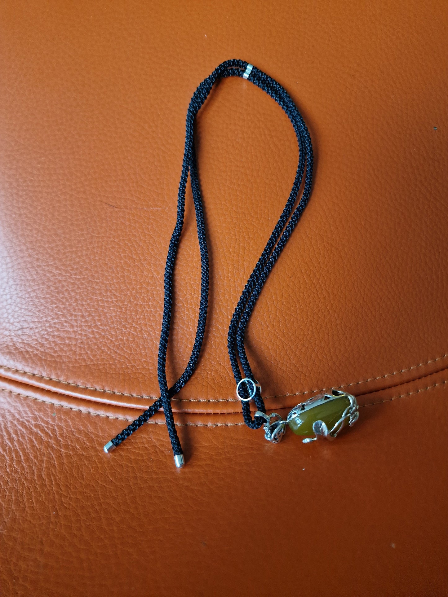 Yellow Jade Koi Waterlily Pendant Necklace, Vintage Adjustable Rope