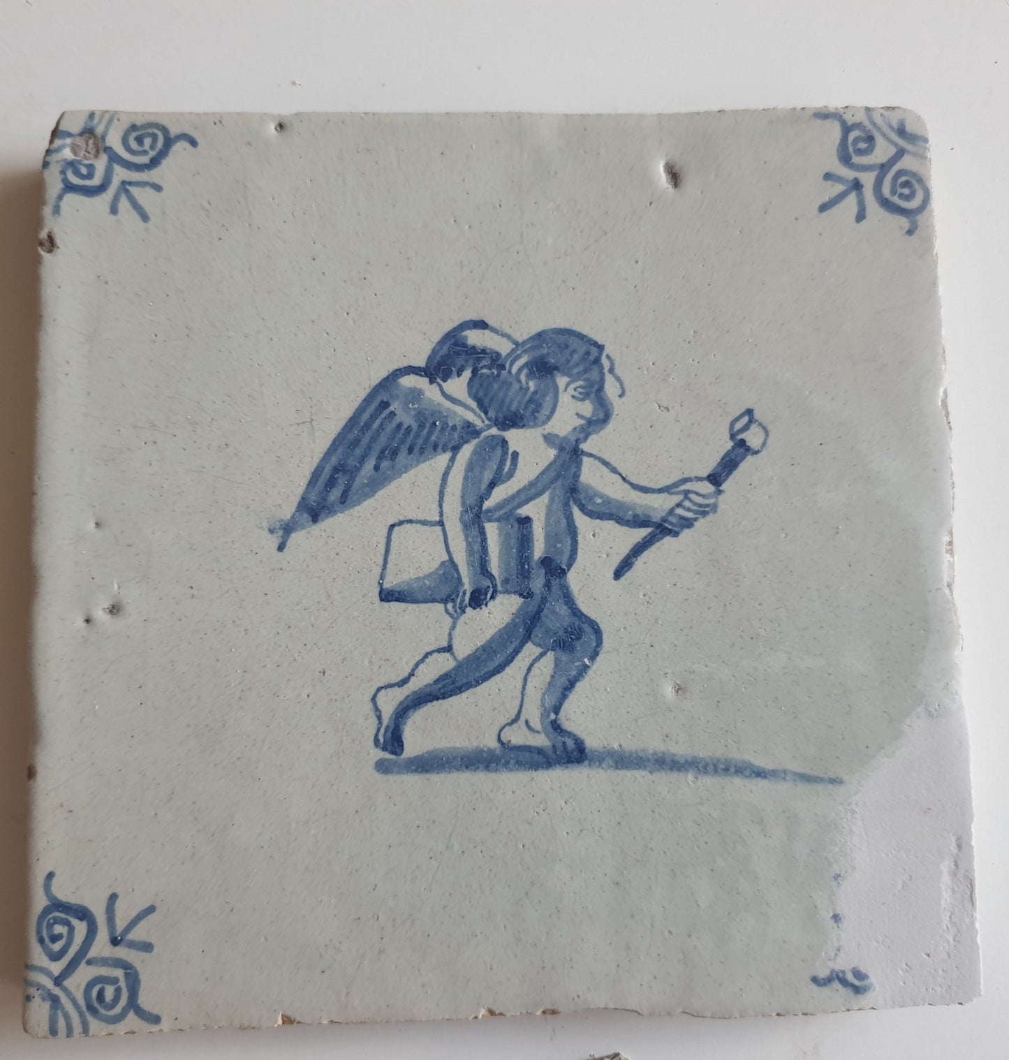 Antique Delft Tile: 17th Century Dutch Oxhead, Mythological Angel