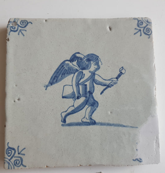 Antique Delft Tile: 17th Century Dutch Oxhead, Mythological Angel