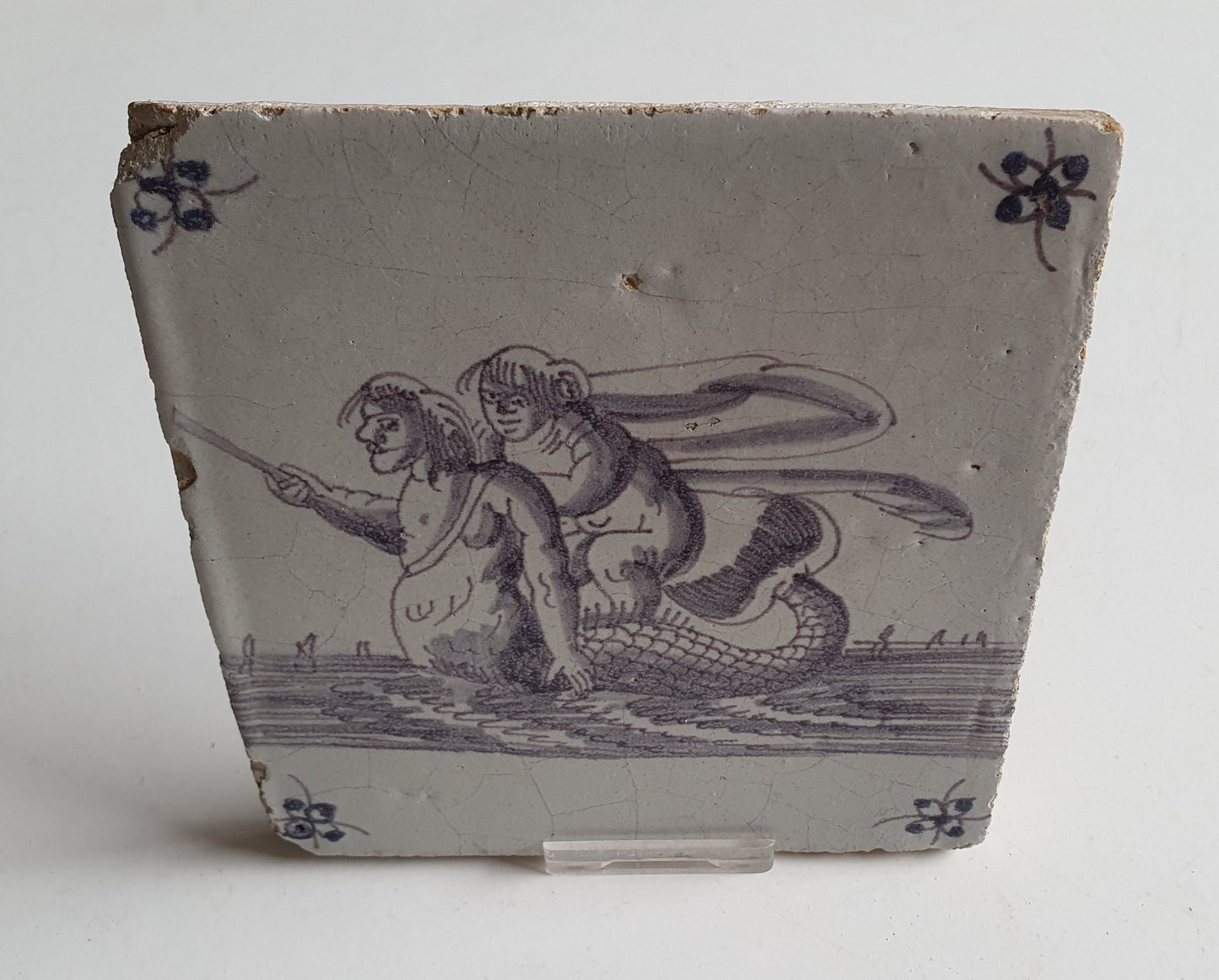 Sea creatures tile, . 17th century Antique Dutch 1630-1650, nice! Seacreature delft exclusive manganese