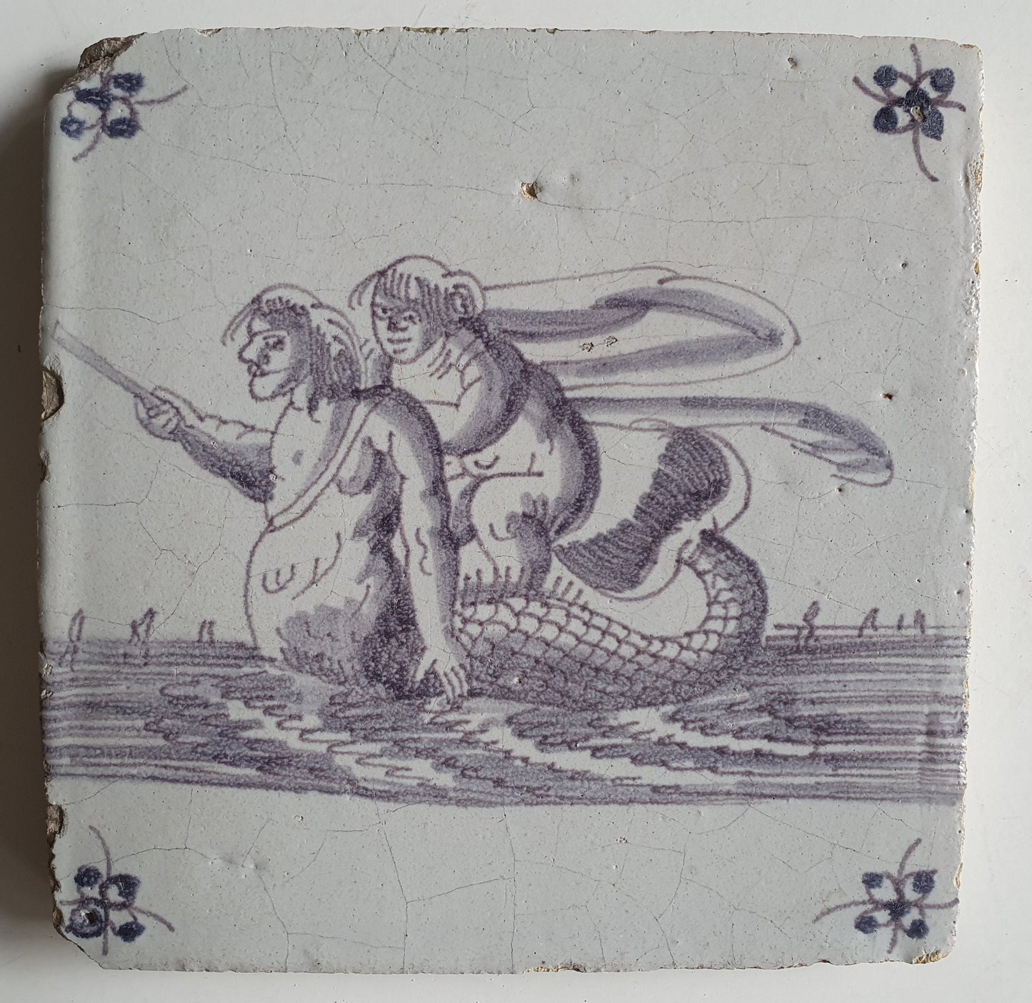 Sea creatures tile, . 17th century Antique Dutch 1630-1650, nice! Seacreature delft exclusive manganese