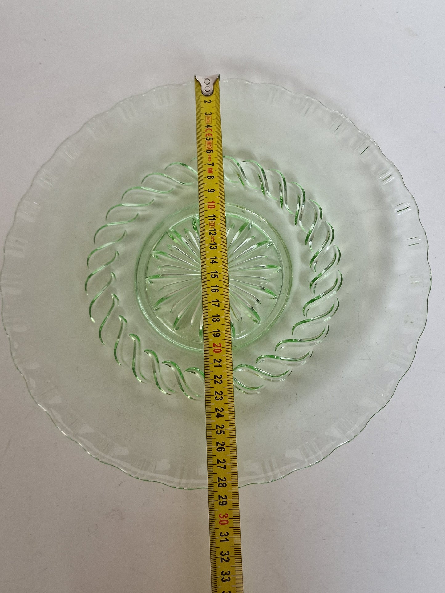 Vintage Art Deco Green Glass Serving Tray, Cut Star Design (28 cm)