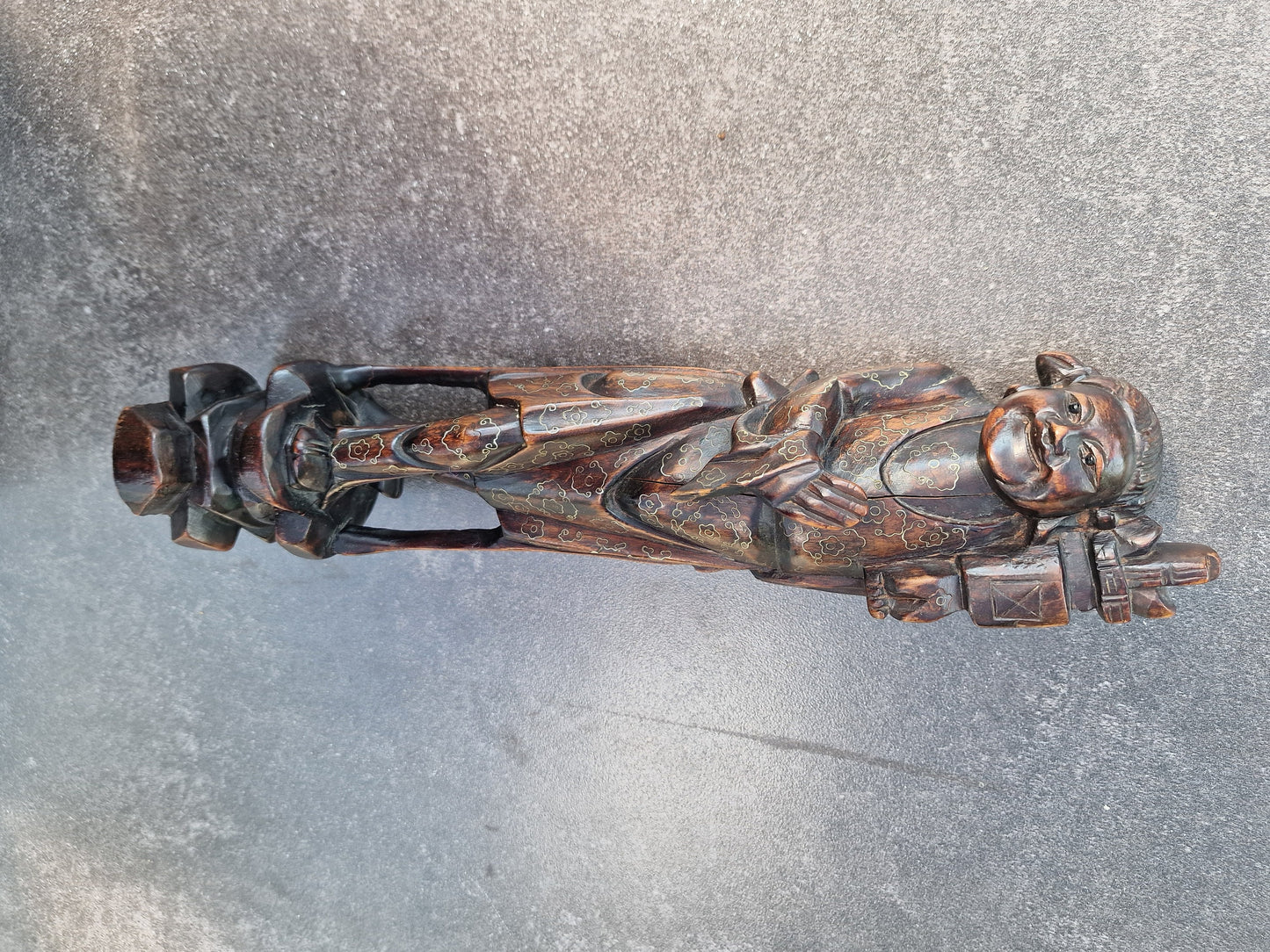 Antique Chinese Rosewood Figure with Niello Silver Inlay - Early 20th Century