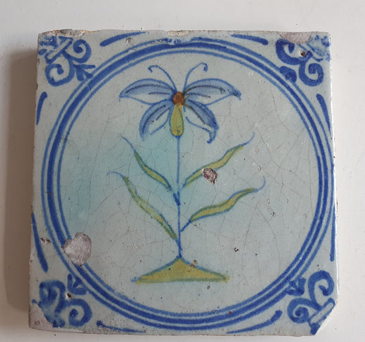 Antique Dutch Tile - polychrome flower - Dated around 1625, delft holland golden century