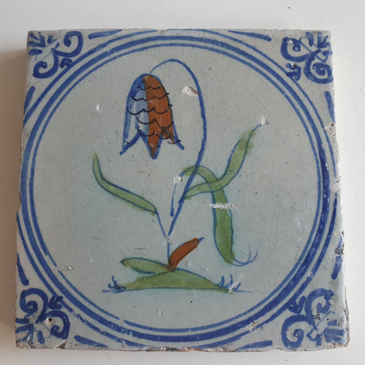 Antique Dutch Tile - polychrome flower - Dated around 1625, delft holland golden century