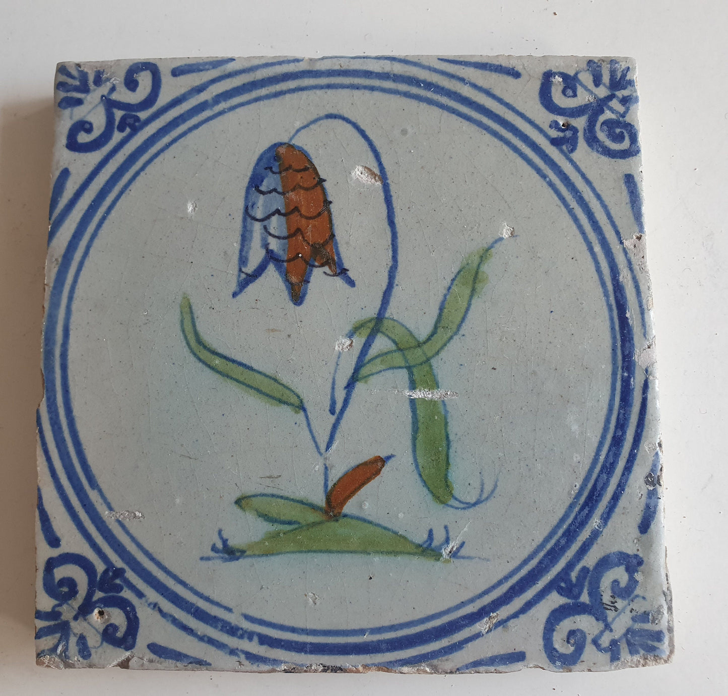 Antique Dutch Tile - polychrome flower - Dated around 1625, delft holland golden century