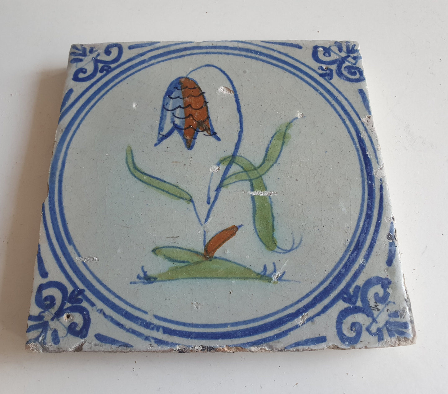 Antique Dutch Tile - polychrome flower - Dated around 1625, delft holland golden century