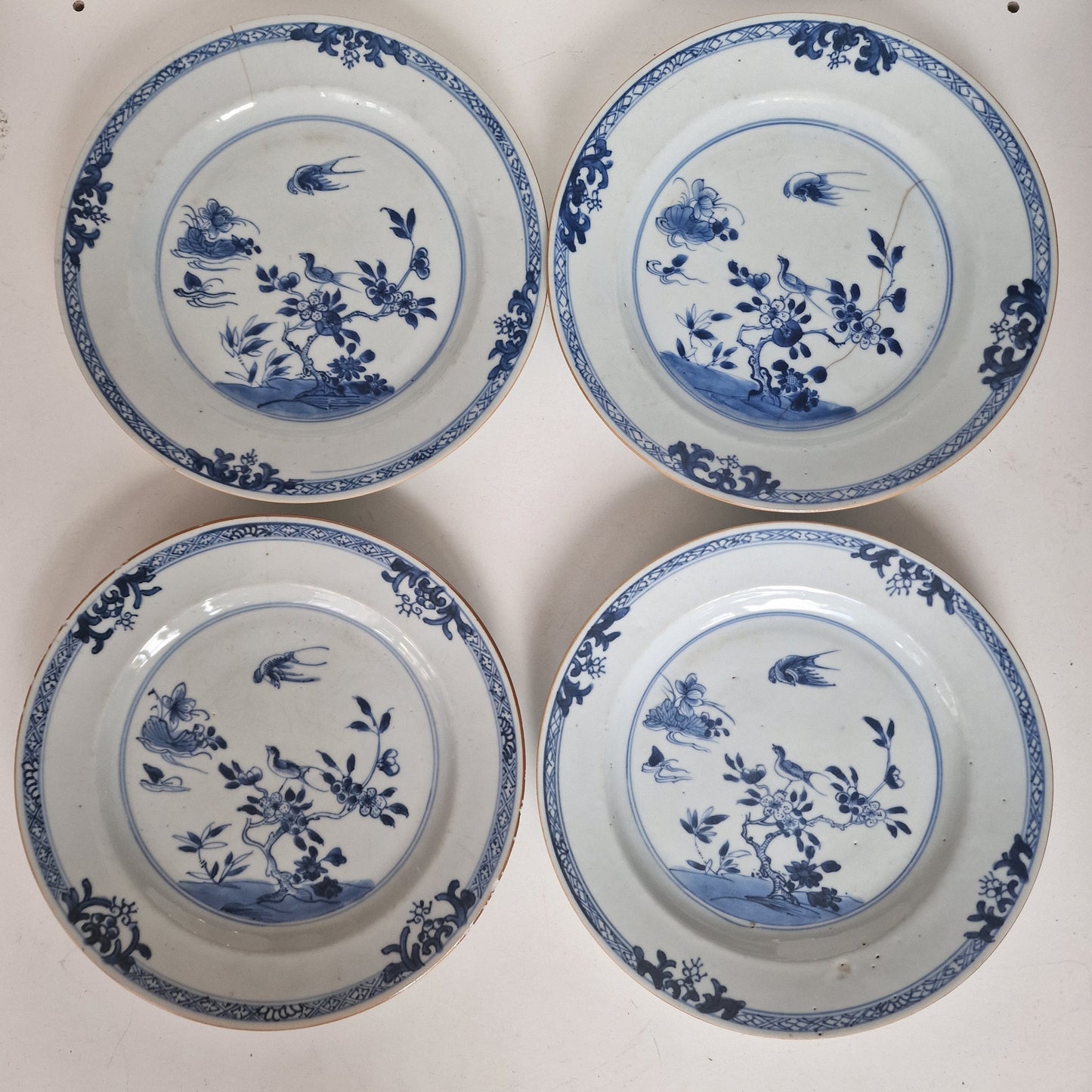Antique Kangxi Porcelain Dishes, Set of 4, Bird Motif, 18th Century