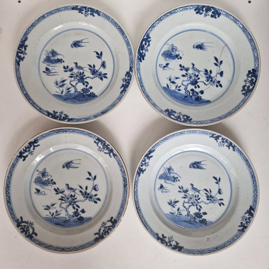 Antique Kangxi Porcelain Dishes, Set of 4, Bird Motif, 18th Century