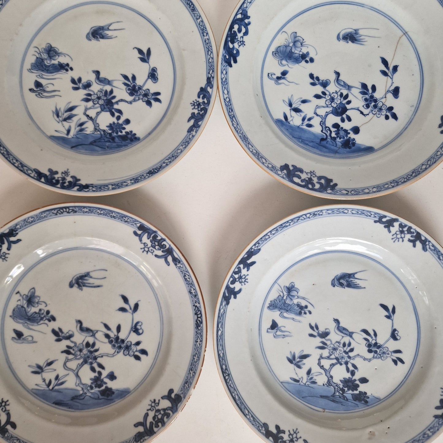 Antique Kangxi Porcelain Dishes, Set of 4, Bird Motif, 18th Century