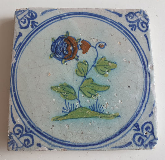 Antique Dutch Tile - polychrome flower - Dated around 1625, delft holland golden century