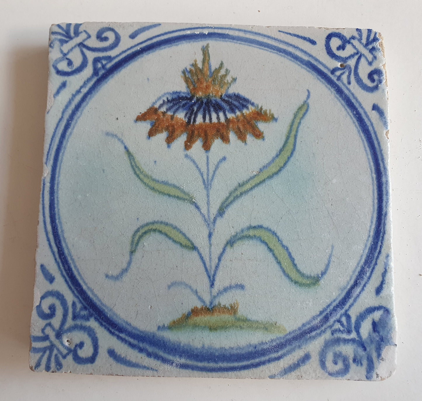 Antique Dutch Tile - polychrome flower - Dated around 1625, delft holland golden century