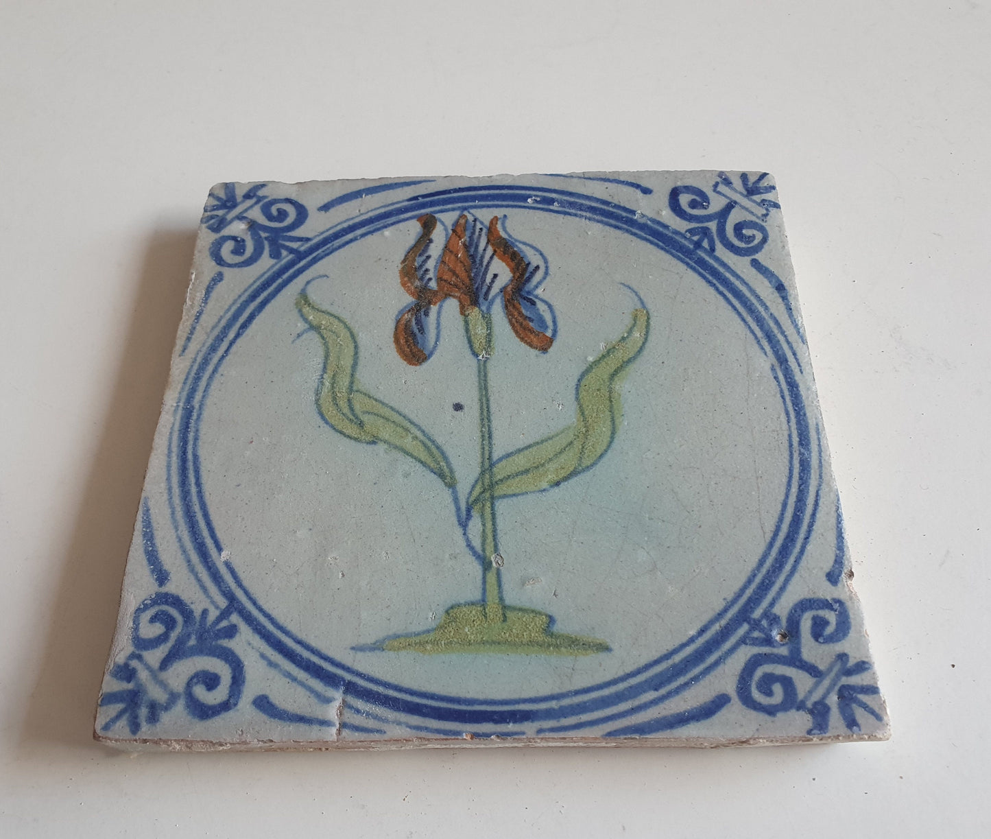 Antique Dutch Tile - polychrome flower - Dated around 1625, delft holland golden century