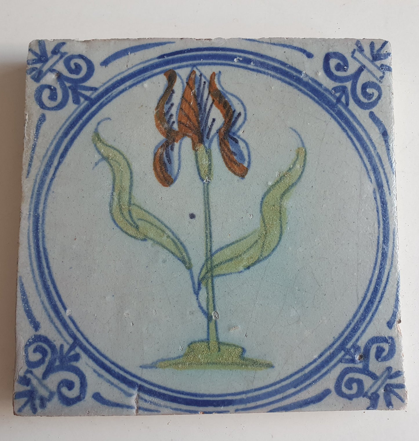 Antique Dutch Tile - polychrome flower - Dated around 1625, delft holland golden century