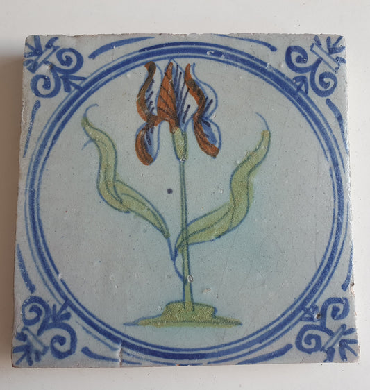 Antique Dutch Tile - polychrome flower - Dated around 1625, delft holland golden century
