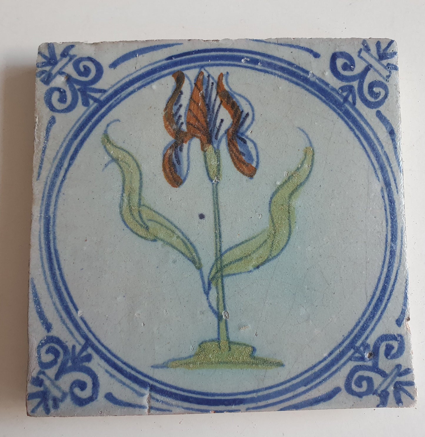 Antique Dutch Tile - polychrome flower - Dated around 1625, delft holland golden century