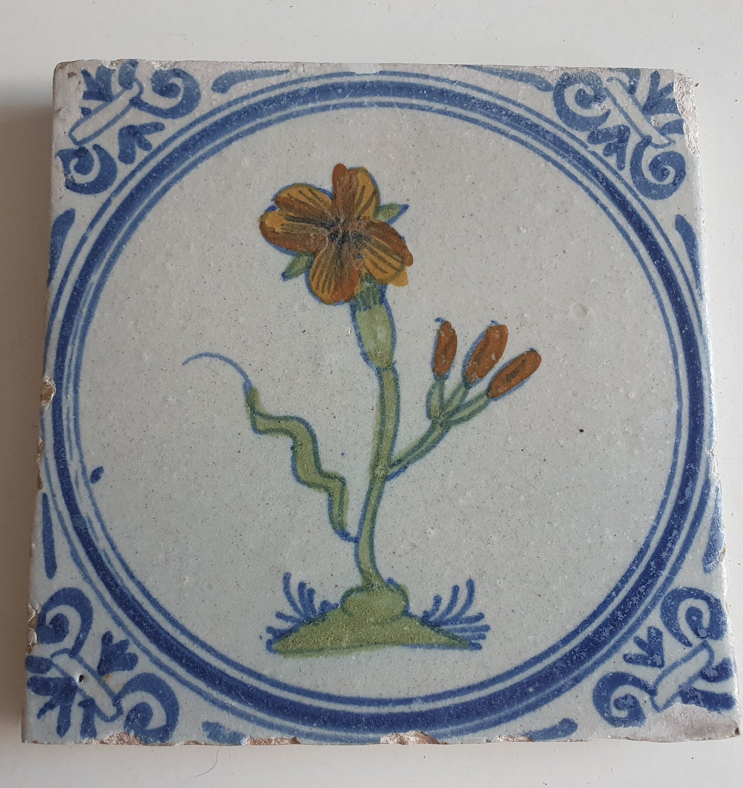 Antique Dutch Tile - polychrome flower - Dated around 1625, delft holland golden century
