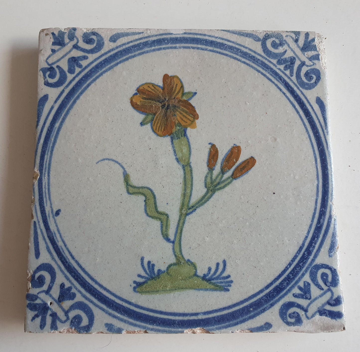 Antique Dutch Tile - polychrome flower - Dated around 1625, delft holland golden century