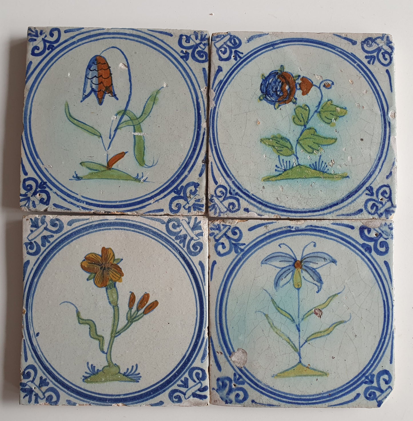 4 Antique Dutch Tiles - polychrome flower - Dated around 1625, delft holland golden century