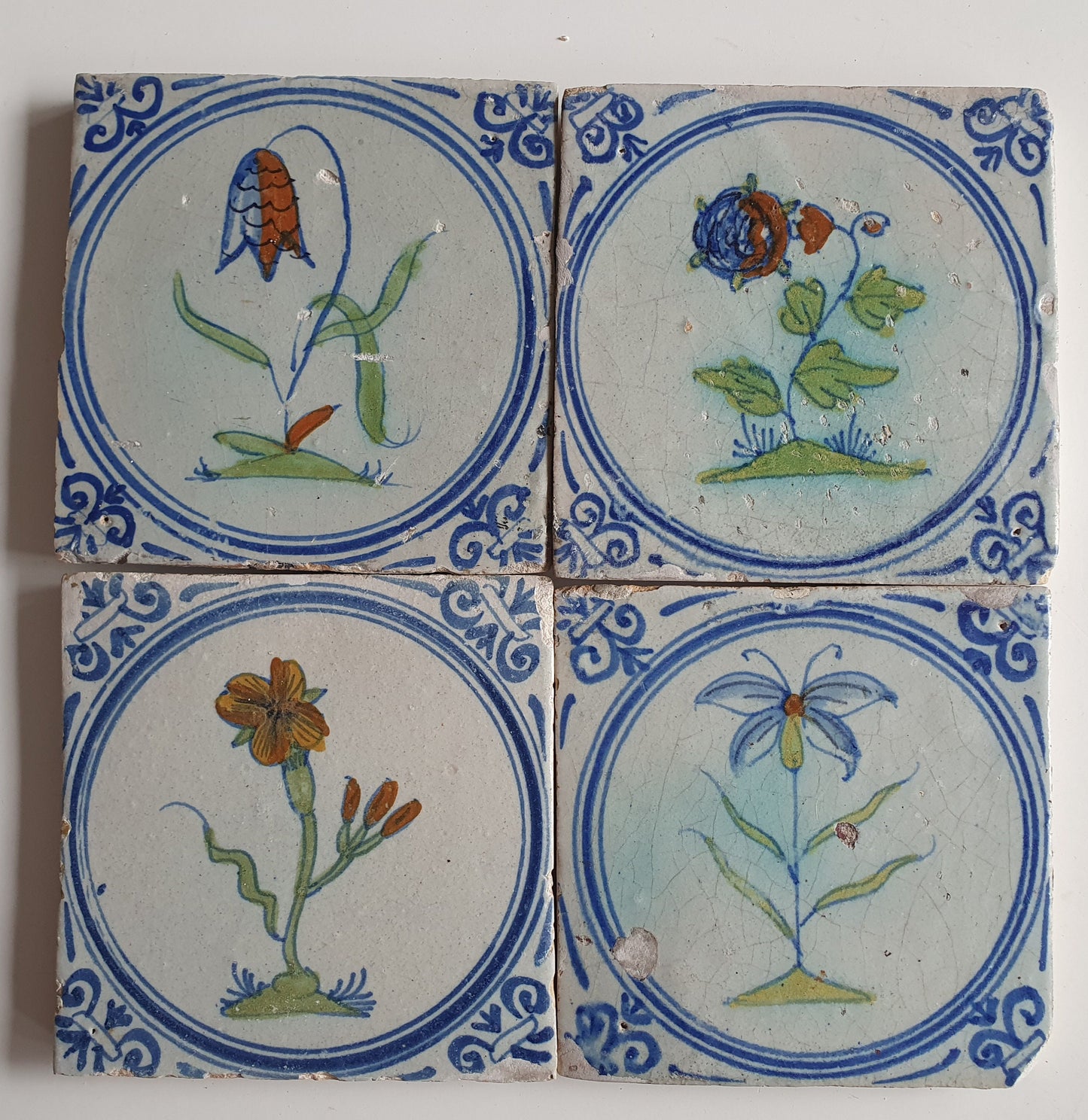 4 Antique Dutch Tiles - polychrome flower - Dated around 1625, delft holland golden century