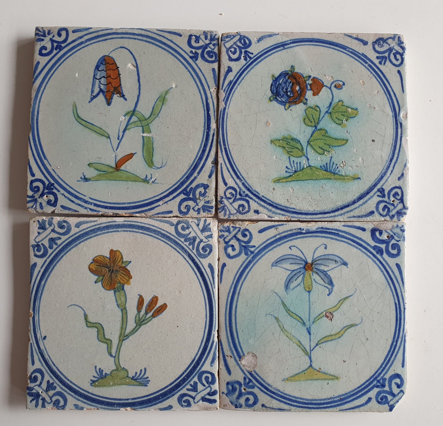 4 Antique Dutch Tiles - polychrome flower - Dated around 1625, delft holland golden century
