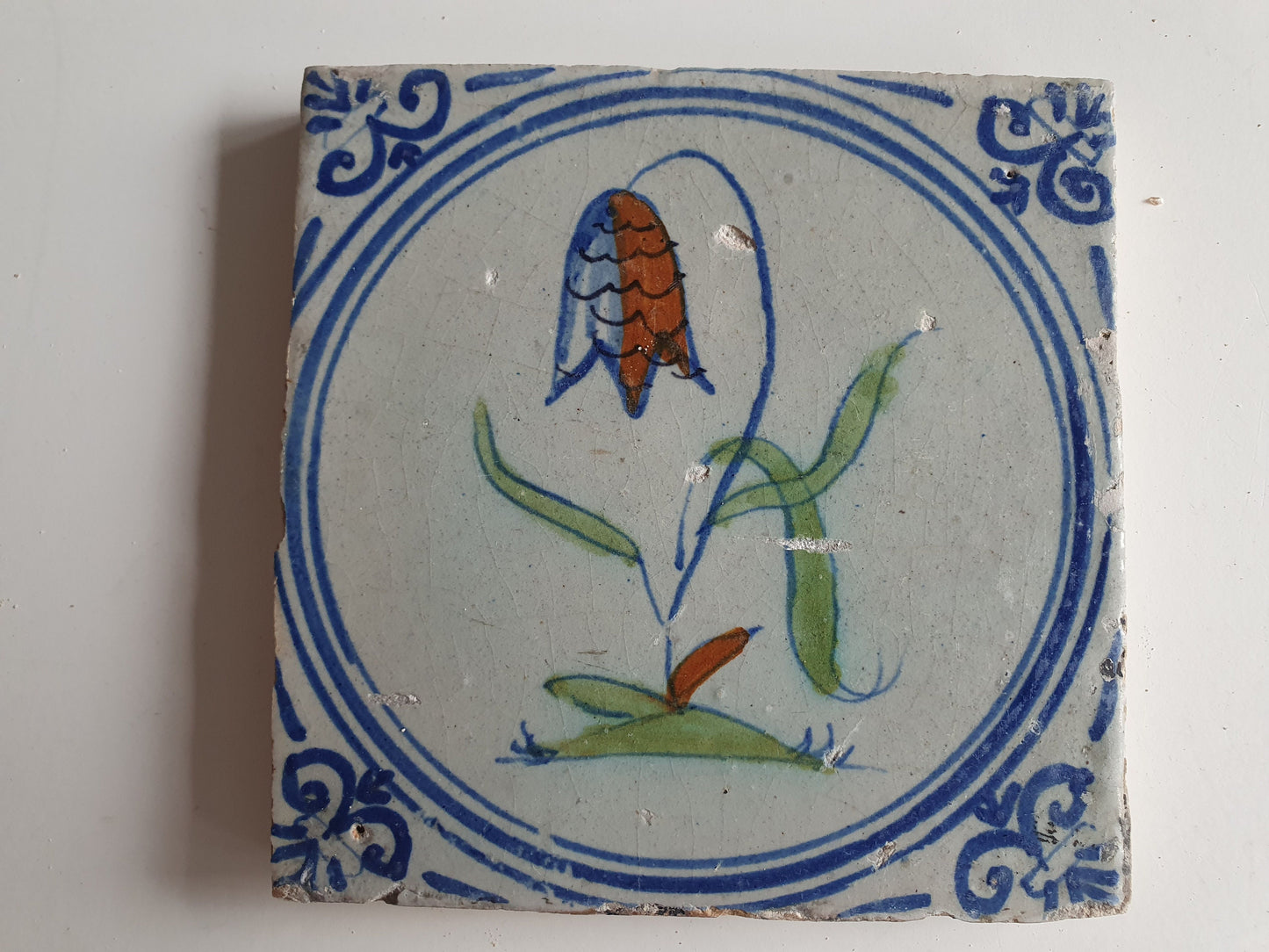 4 Antique Dutch Tiles - polychrome flower - Dated around 1625, delft holland golden century