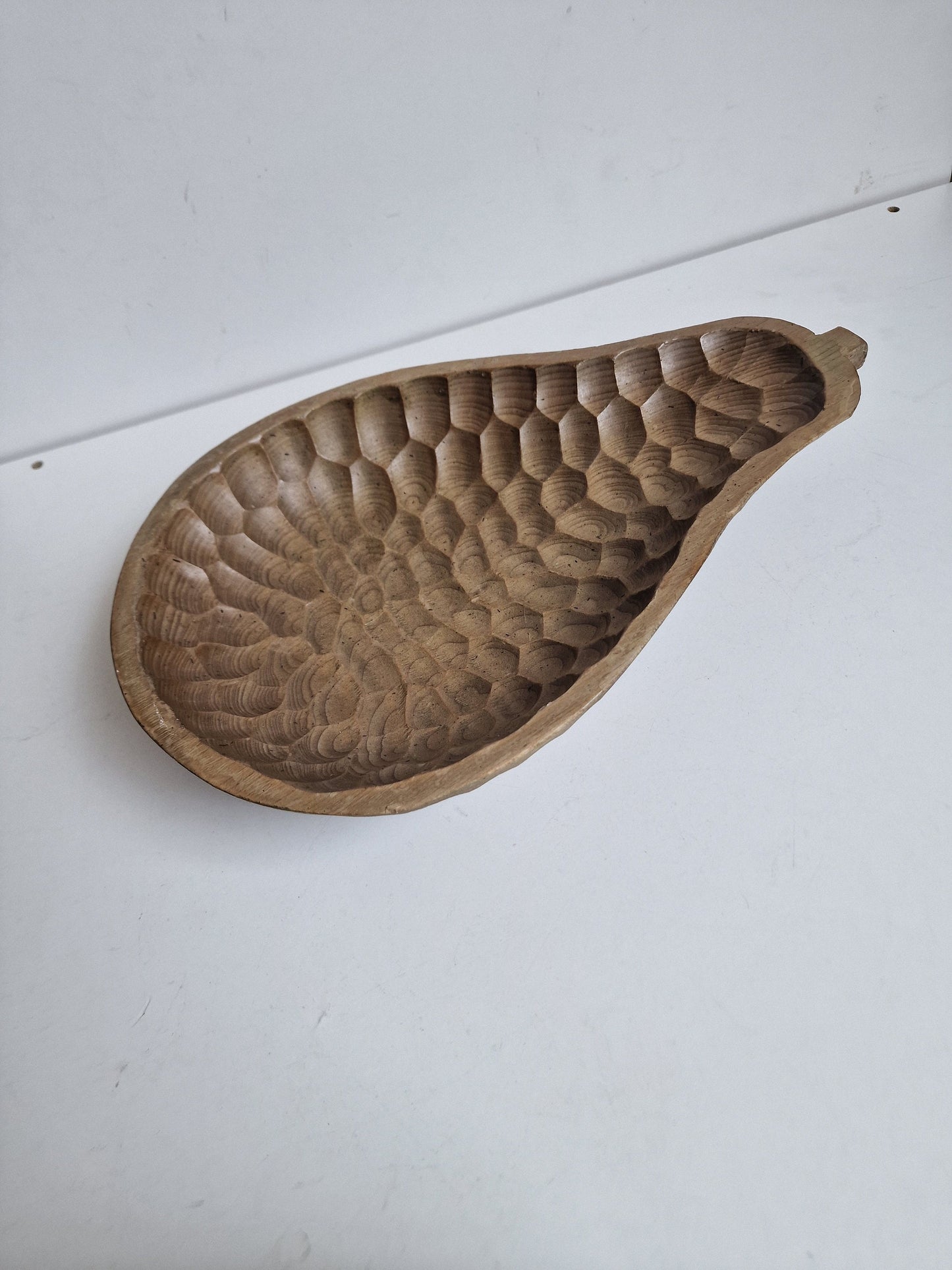 Antique Hand-Carved Pear Bowl, Arts & Crafts Hammered Wood Dish