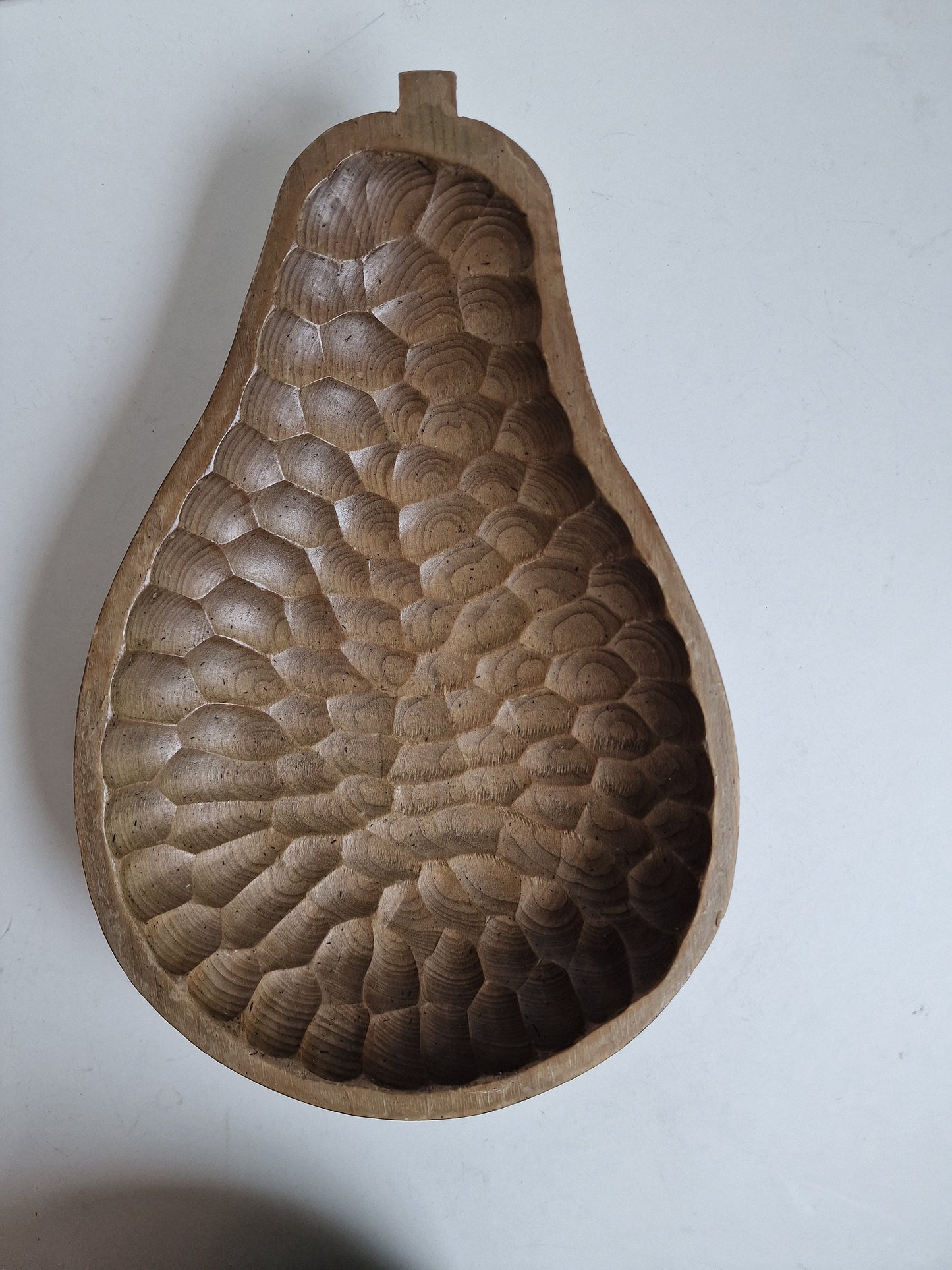 Antique Hand-Carved Pear Bowl, Arts & Crafts Hammered Wood Dish