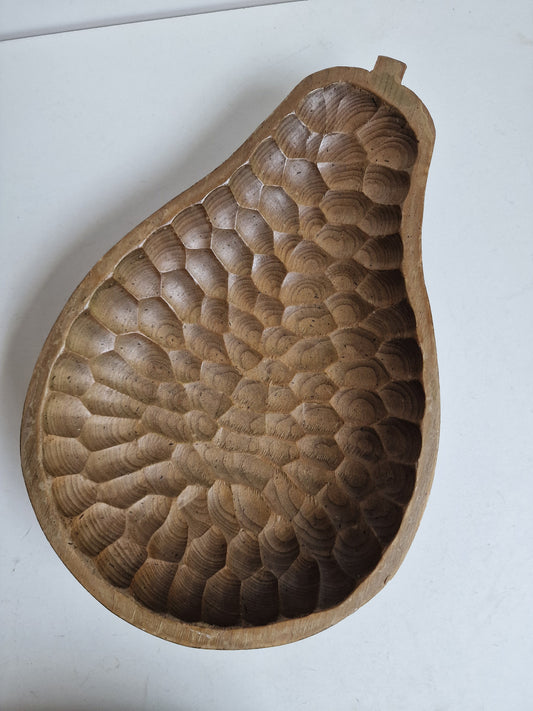 Antique Hand-Carved Pear Bowl, Arts & Crafts Hammered Wood Dish