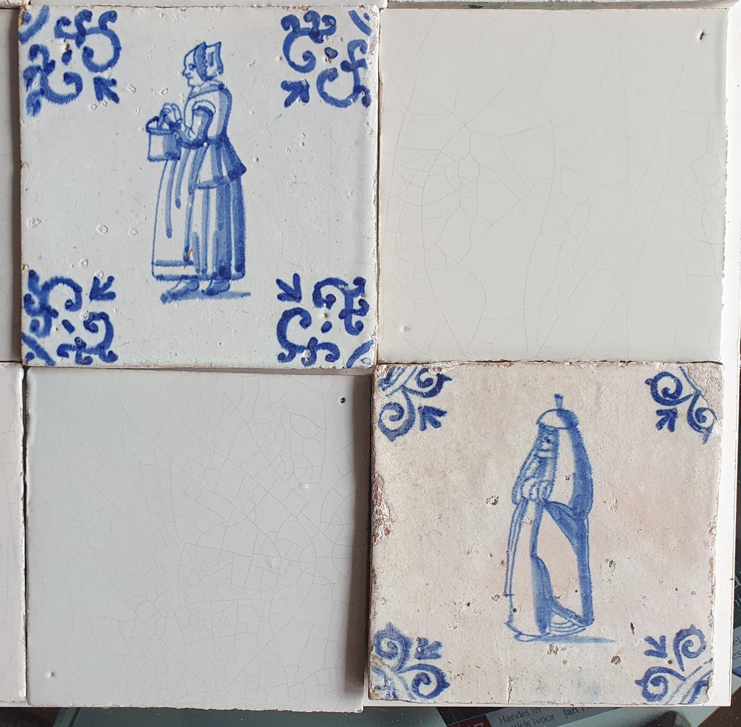 17th Century Delft Tiles, Dutch Tilefield, Artisan White & Blue