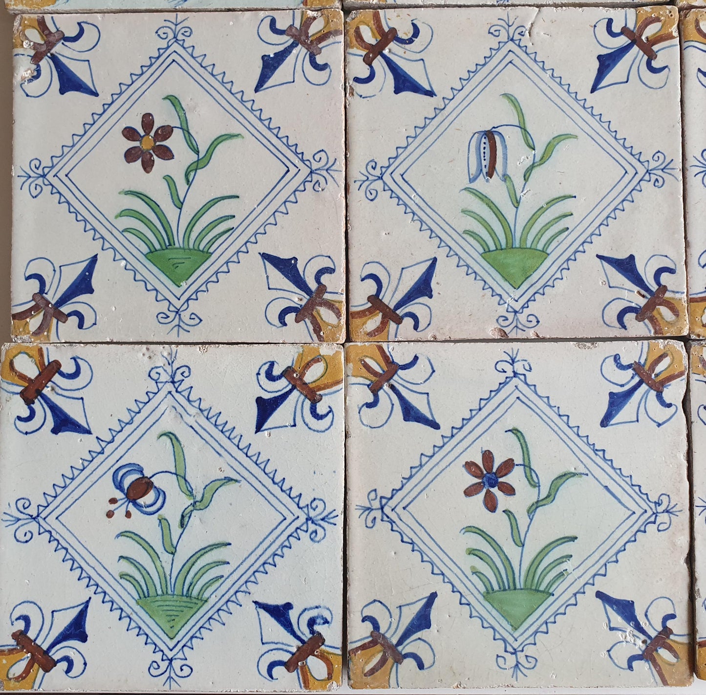 17th Century Delft Tiles | Antique Dutch Tilefield, Floral Motifs (16pc)