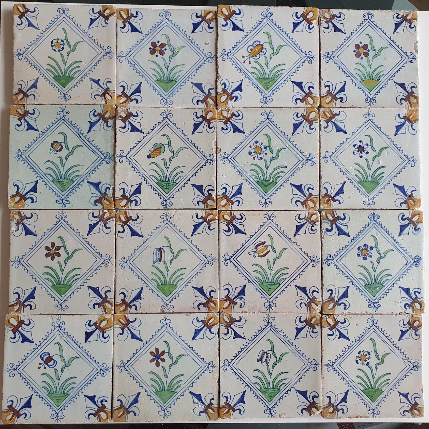 17th Century Delft Tiles | Antique Dutch Tilefield, Floral Motifs (16pc)