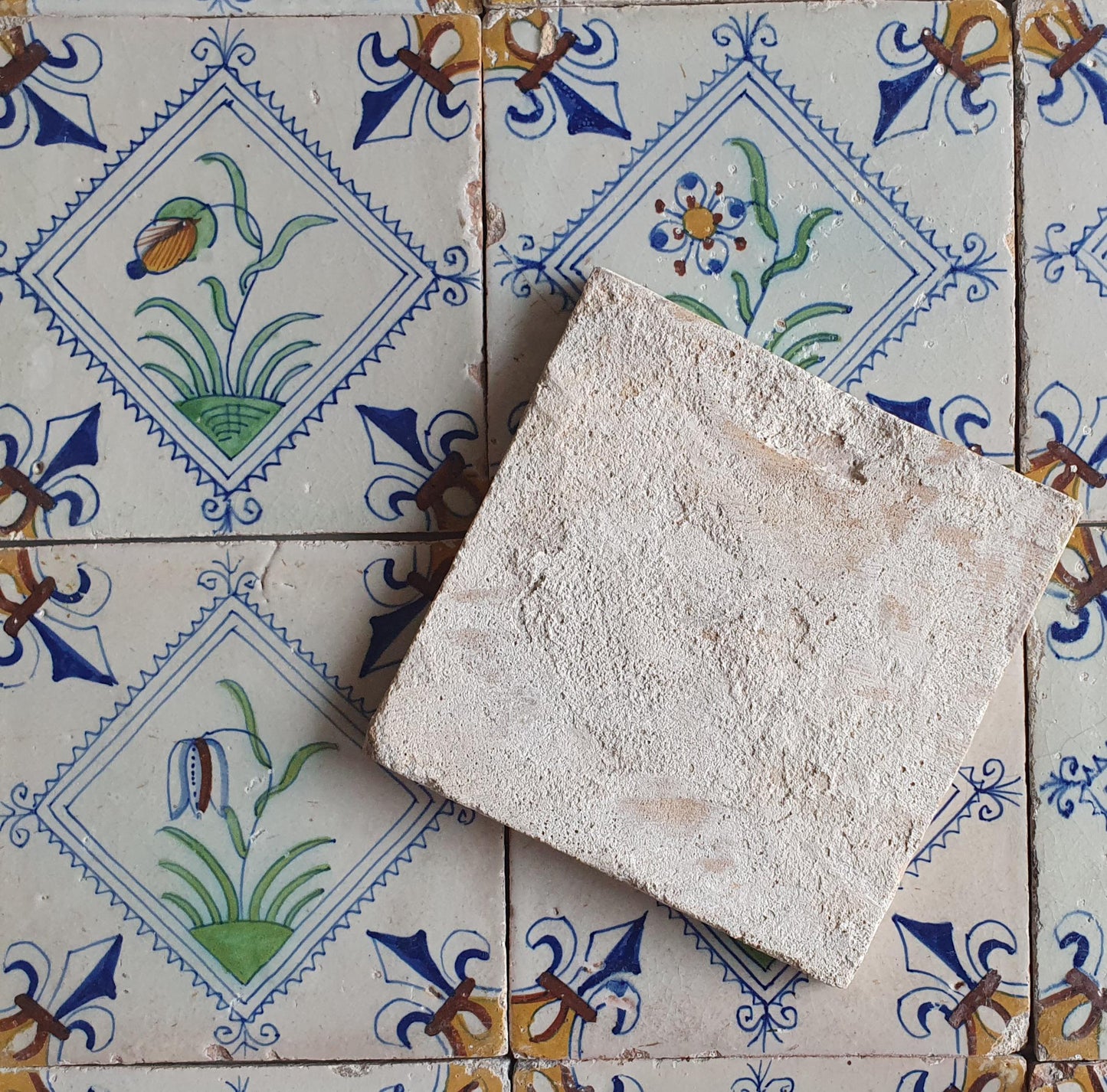17th Century Delft Tiles | Antique Dutch Tilefield, Floral Motifs (16pc)