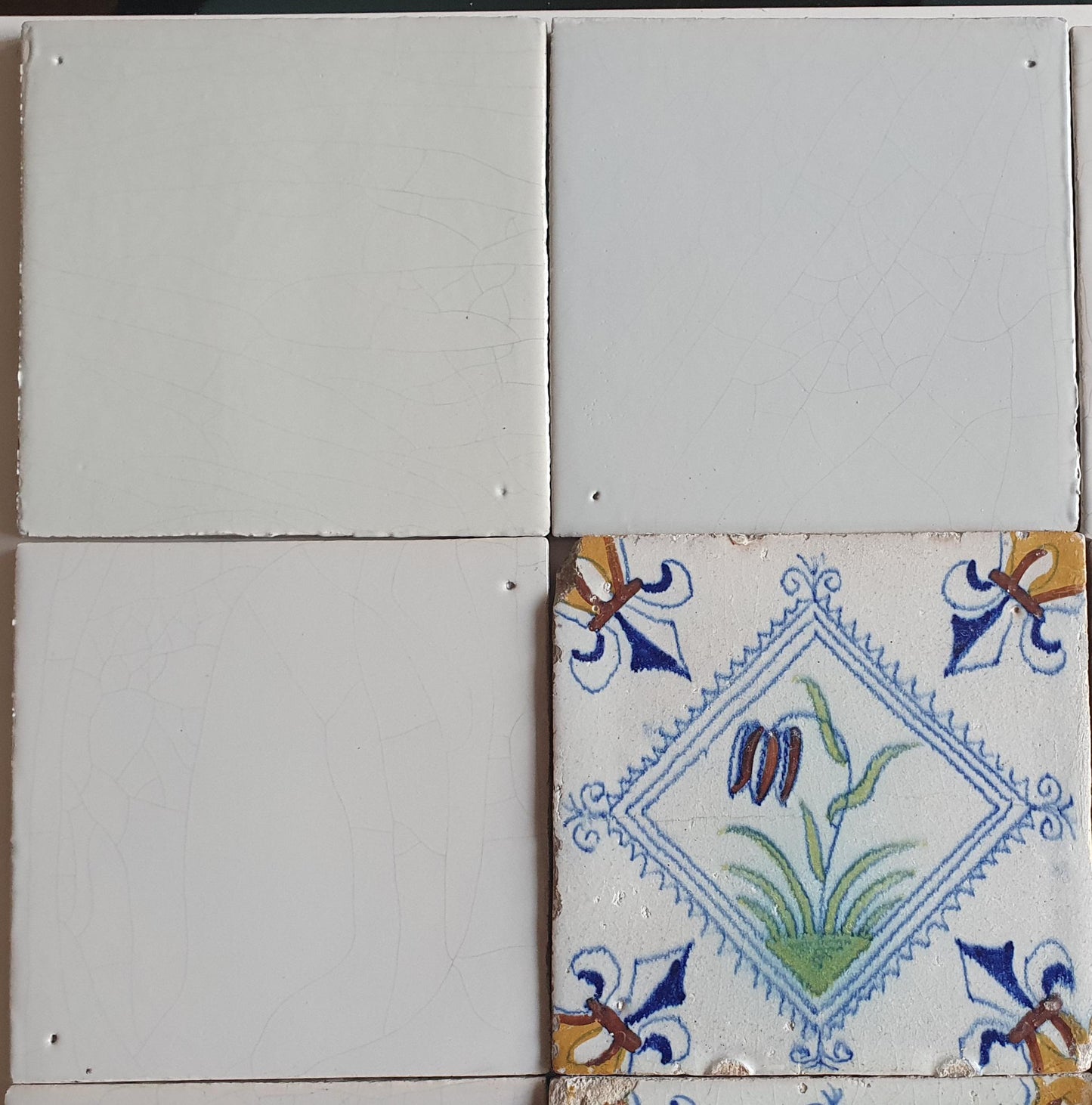17th Century Delft Tiles, Dutch Polychrome Flower, White Tile Set